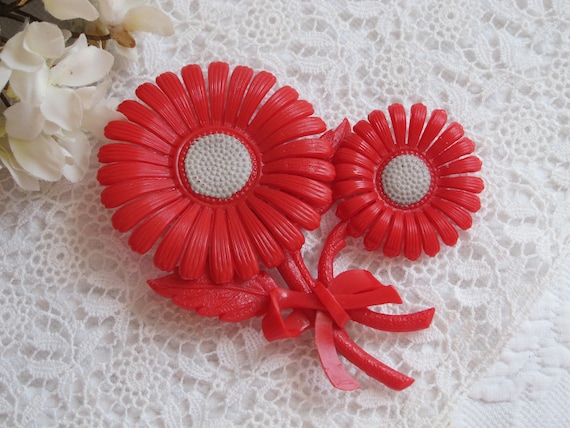 Brooch Pin Red Plastic Flower Extra Large Vintage… - image 1