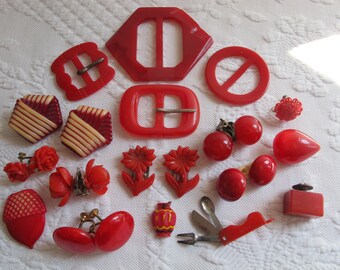 Destash Lot 18 Pcs Red Plastic Celluloid Buckles Buttons Earrings Clips Vintage c.1930's AS IS For Jewelry Making Upcycle Assemblage Art