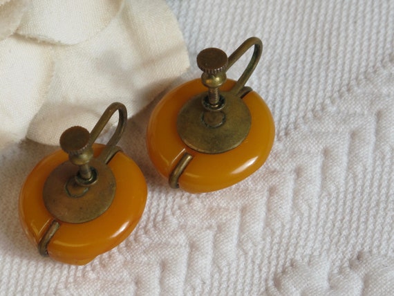 Earrings Bakelite Yellow Butterscotch Toned Brass… - image 5