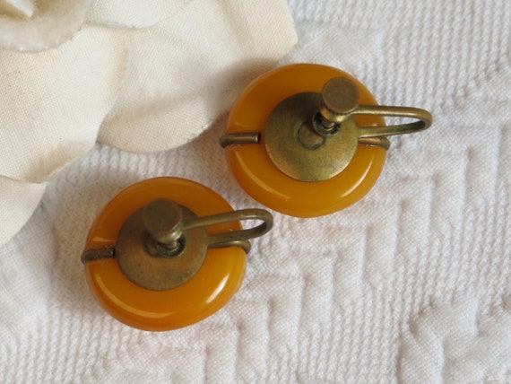 Earrings Bakelite Yellow Butterscotch Toned Brass… - image 4
