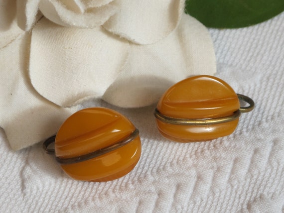 Earrings Bakelite Yellow Butterscotch Toned Brass… - image 1