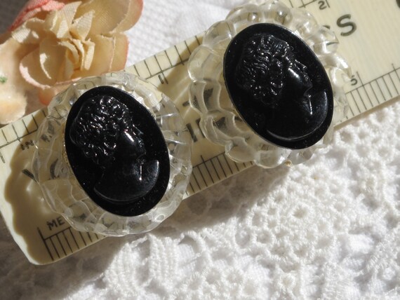 Earrings Round Carved Clear Lucite with Black Pla… - image 4