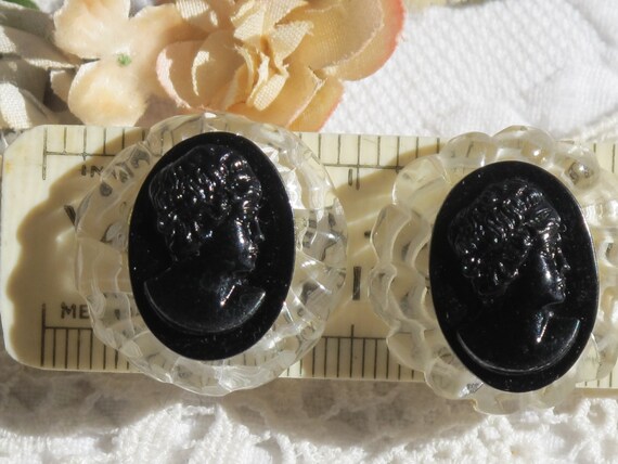 Earrings Round Carved Clear Lucite with Black Pla… - image 2