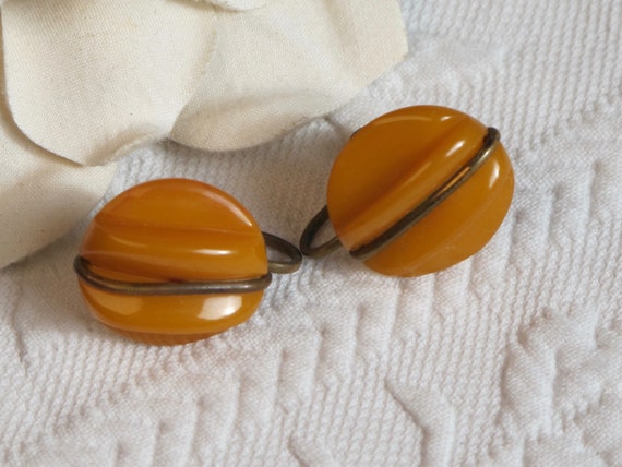 Earrings Bakelite Yellow Butterscotch Toned Brass… - image 3