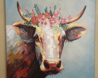 Fun Animals Wall Hanging Abstract Cow Head Painting Canvas Signed 16x 16