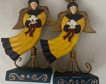 Winter Winds Folk Arts Art Angel Candleholder Midwest Canon Falls Set of Two