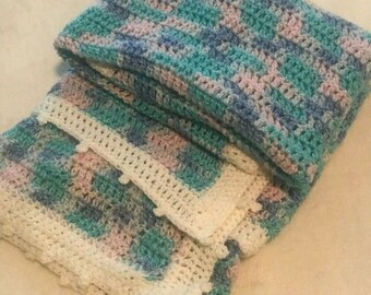 Handmade Crochet Baby Blanket Girl Boy Pastel Crib Blanket Blue Pink 48”x32"