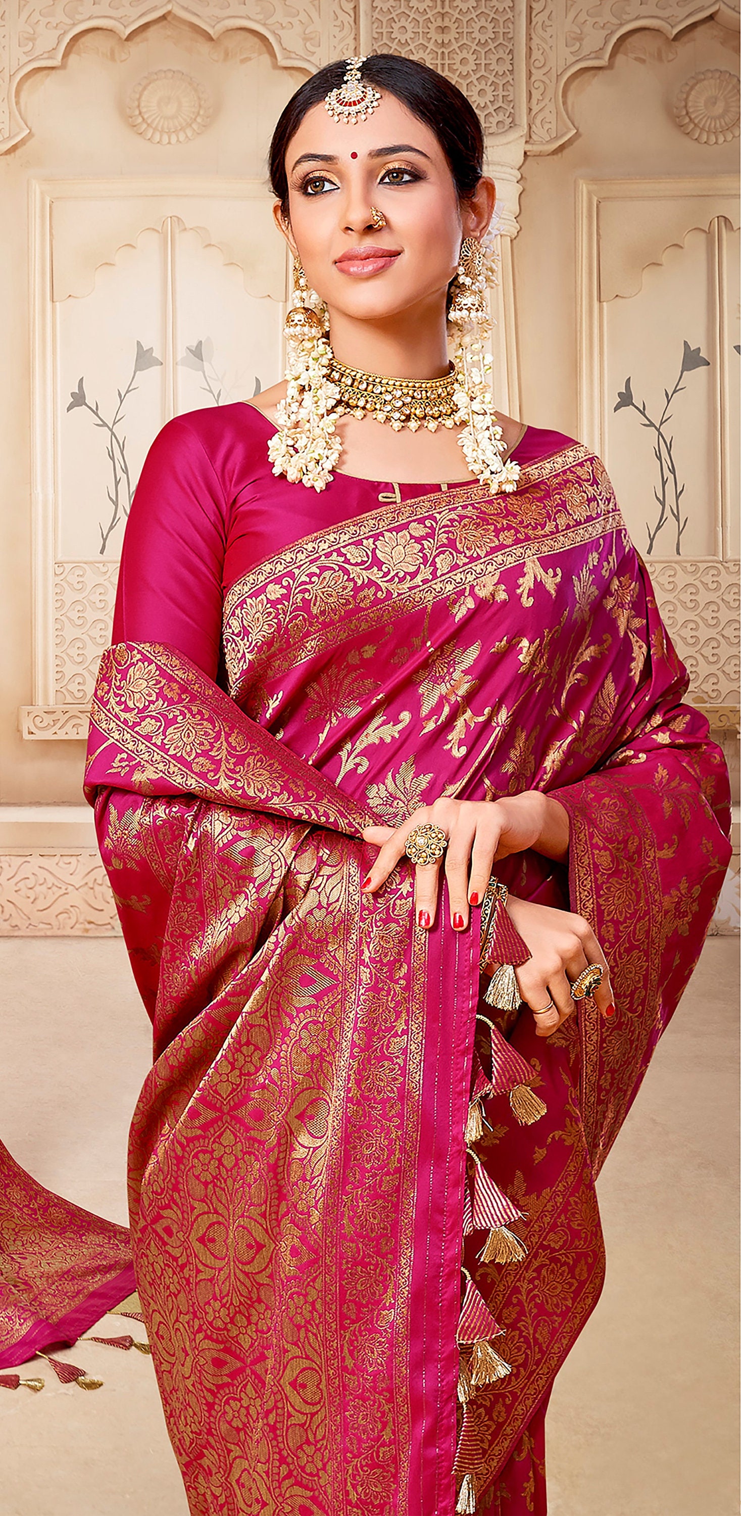 Dark Pink Designer Banarasi Silk Saree Indian Wedding Party | Etsy