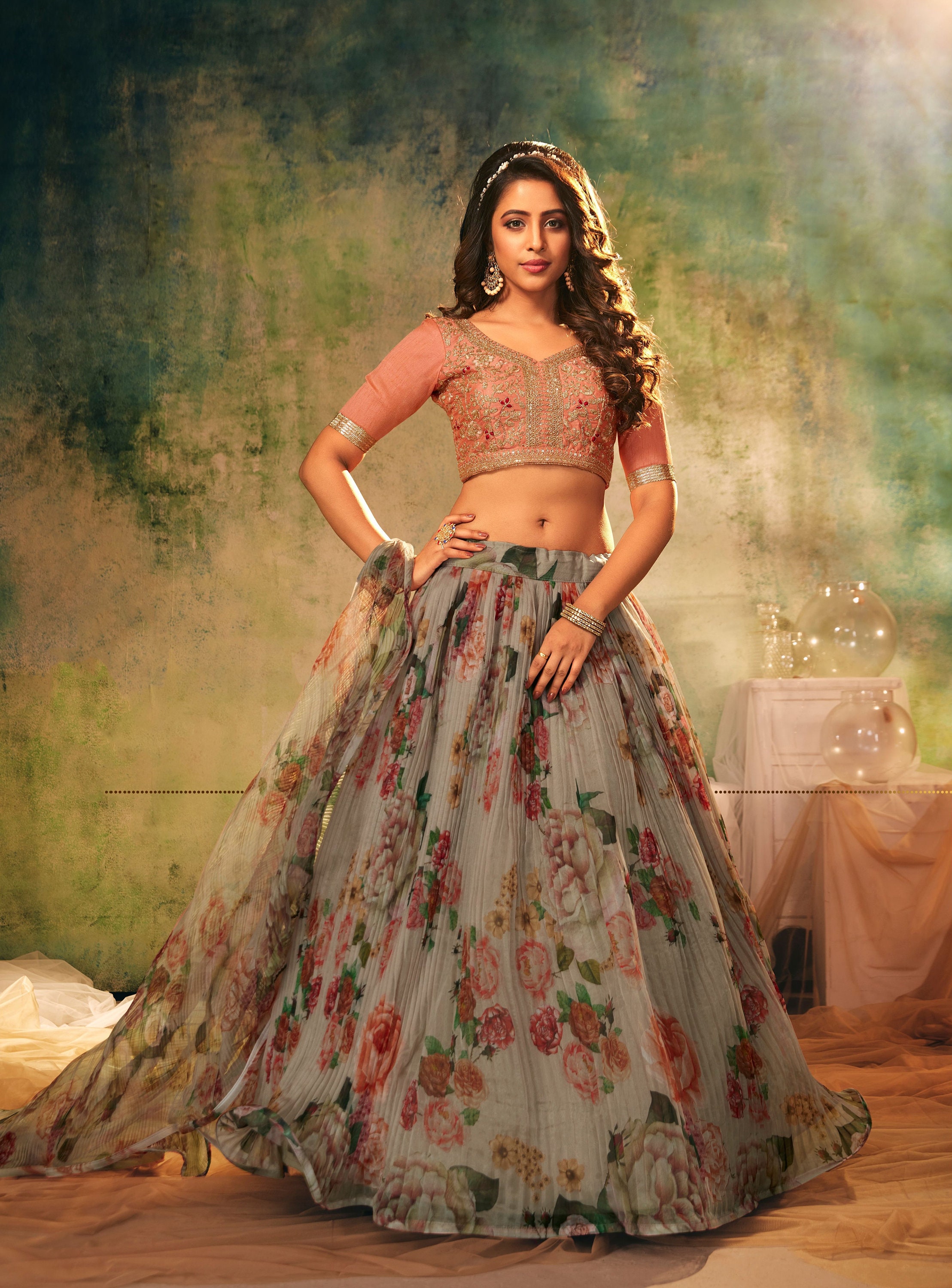 Grey Organza Lehenga Choli Floral ...