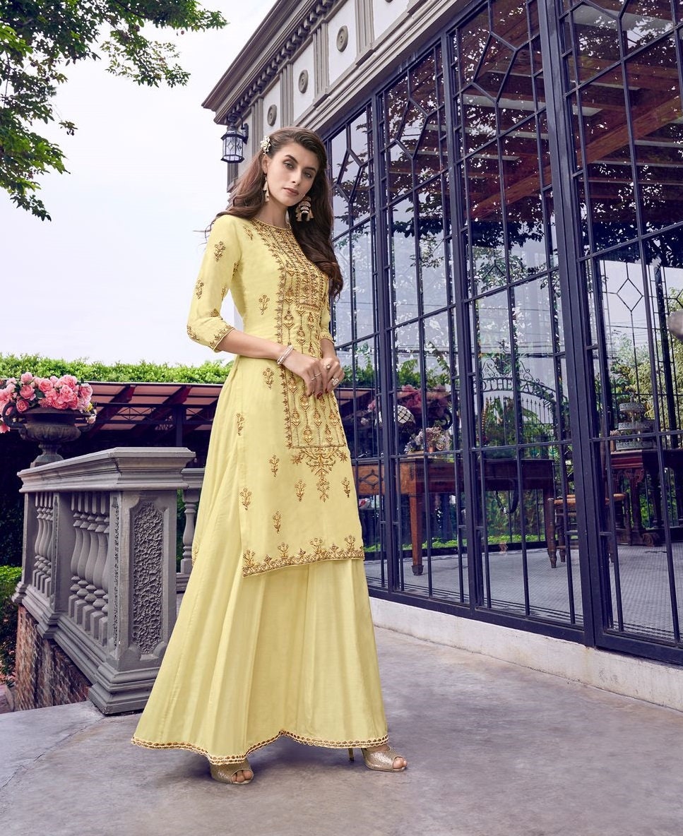 Light Yellow Heavy Embroidery Sharara 