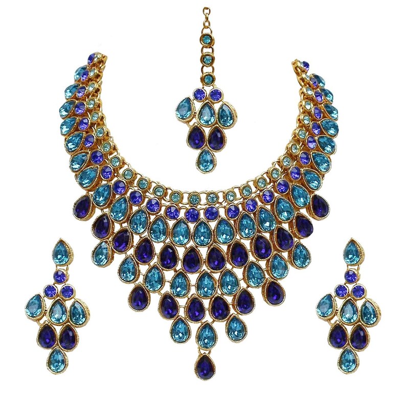 Indian Jewelry Set Elegant Ferozi Blue Kundan Stone Necklace Etsy