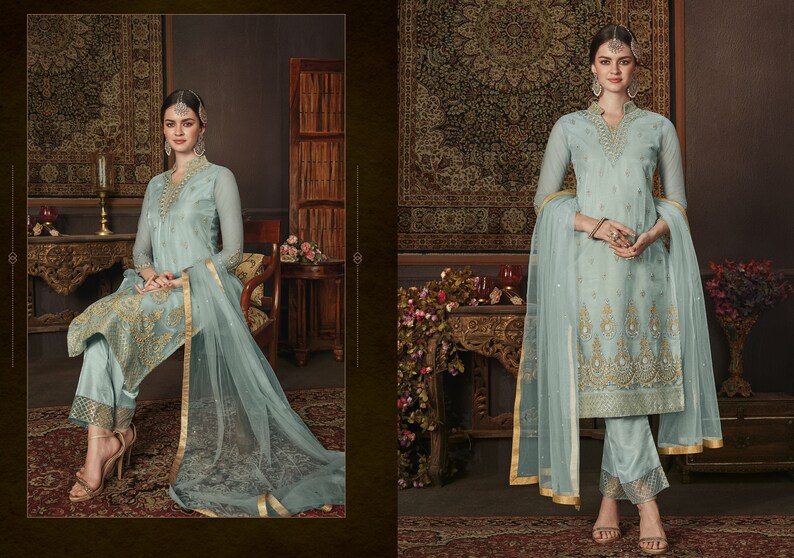 Aqua Blue Designer Straight Suit Pant Style Salwar Suit Etsy