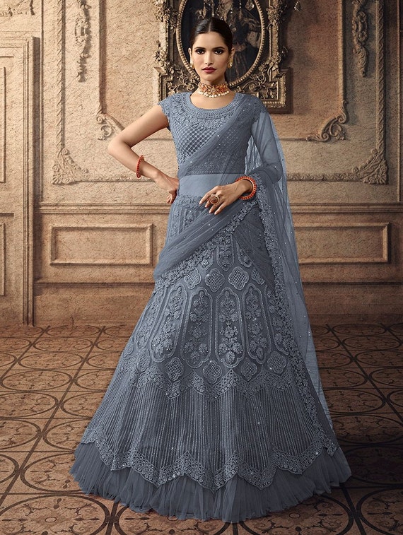 EtSy end of Season Sale Soft Net Grey Designer Lehenga Choli For Indian Traditional woman Fashion On Bridal Wedding Outfit