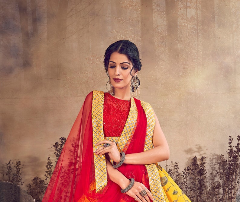 Designer Yellow Red Color Lehenga Choli Lehenga Choli For Women Lehenga Skirts Bollywood Inspired Lehenga Blouse Lehenga Choli Dupatta