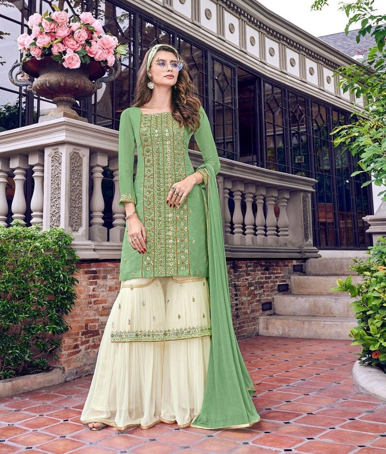 Light Green Designer Sharara Suit Heavy Designer Satin Silk Etsy