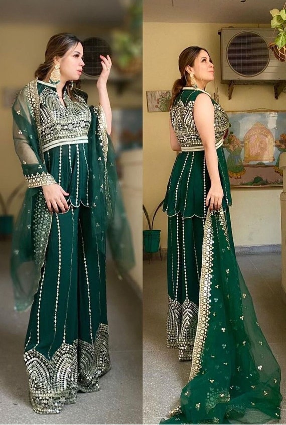 Light Green Designer Sharara Suit Heavy 