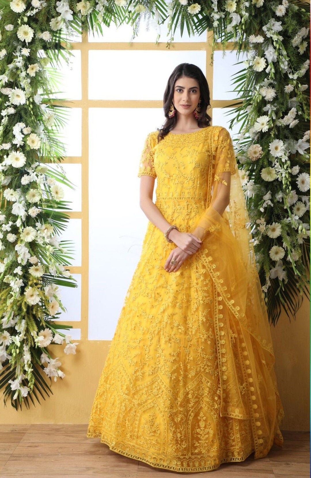 Yellow Full Length Net Gown Haldi Ceremony Outfit Anarkali - Etsy Norway