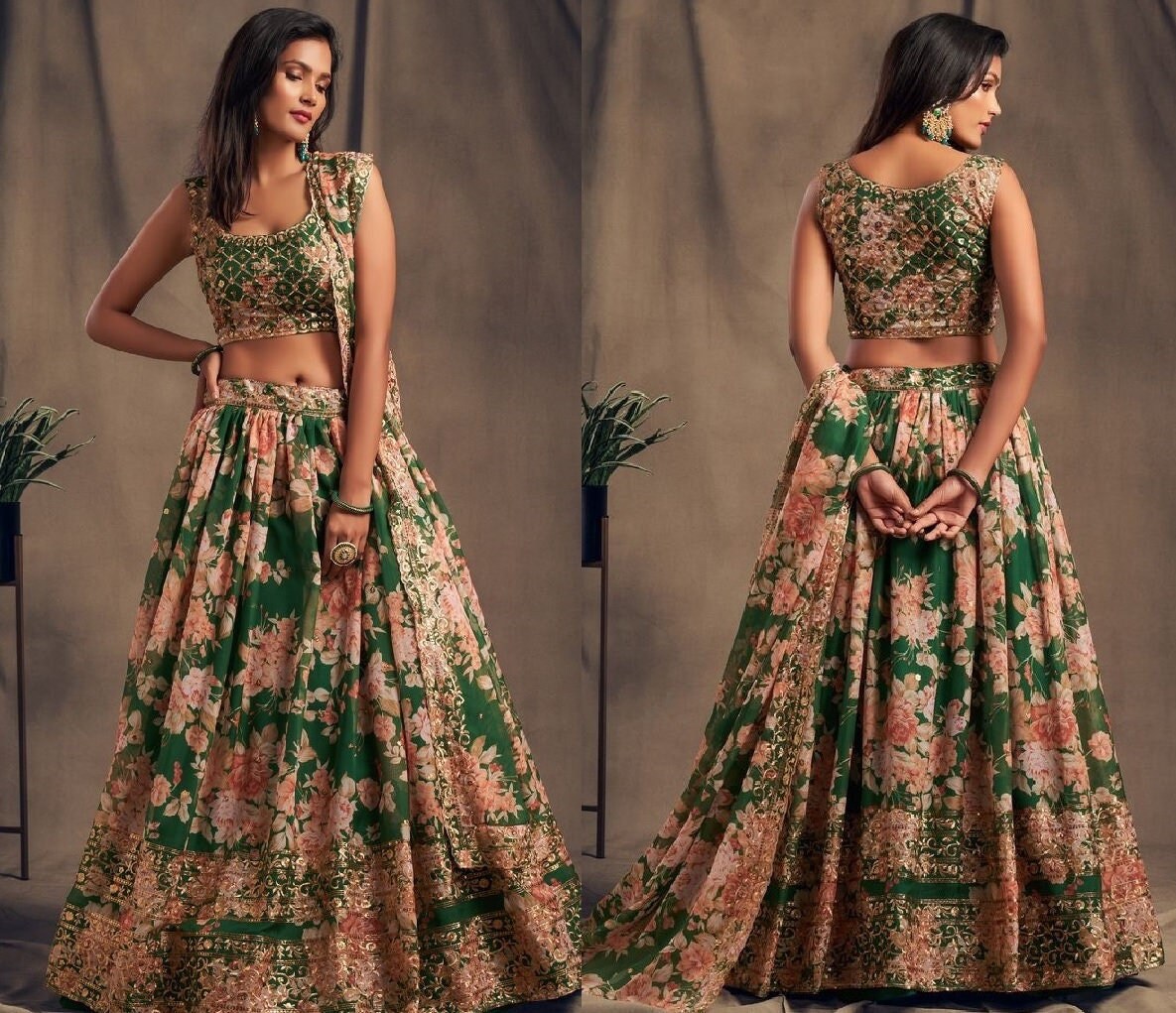 Green Lehenga Choli Organza Lehenga 