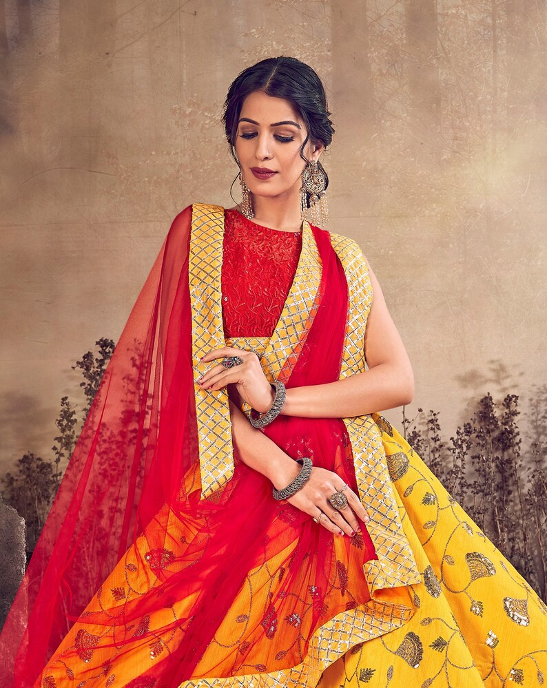Designer Yellow Red Color Lehenga Choli Lehenga Choli For Women Lehenga Skirts Bollywood Inspired Lehenga Blouse Lehenga Choli Dupatta