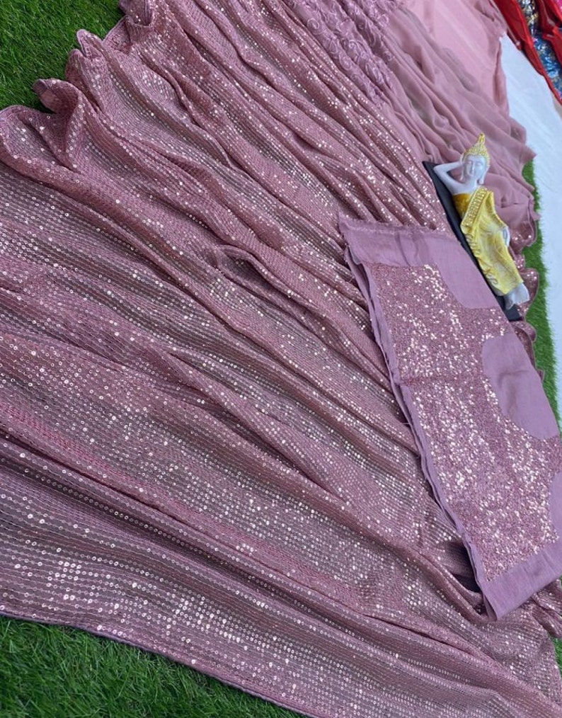 Designer Purple Georgette Saree Sequence Work Saree Wedding Party Wear Saree Bollywood Style Saree For Women Saree Blouse
