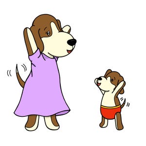 May include: A cartoon illustration of two brown and cream dogs standing and stretching their arms upward. The larger dog wears a light purple dress, while the smaller dog wears red shorts. Both dogs have brown ears and tails that are slightly curved.