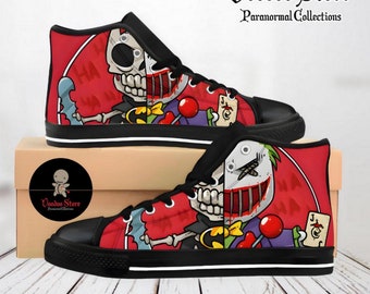 Men's, women's shoes from horror movies, high-top sneakers custom-made from cartoons, comics, fun Voodoo Doll Villain prints on shoes.