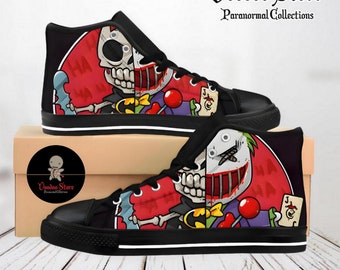 Men's, women's shoes from horror movies, high-top sneakers custom-made from cartoons, comics, fun Voodoo Doll Villain prints on shoes.