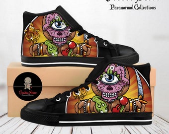 Men's, women's shoes from horror movies, high-top sneakers custom-made from cartoons, comics, fun Voodoo Doll Indian prints on shoes.