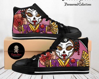 Herren-, Damen-Schuhe aus Horrorfilmen, High-Top-Sneaker nach Maß aus Cartoons, Comics, lustige Voodoo-Puppe Geisha druckt auf Schuhen.