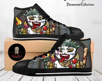 Men's, women's shoes from horror movies, high-top sneakers custom-made from cartoons, comics, fun Voodoo Doll Harley prints on shoes.