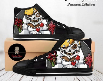 Men's, women's shoes from horror movies, high-top sneakers custom-made from cartoons, comics, fun Voodoo Doll Bride prints on shoes.