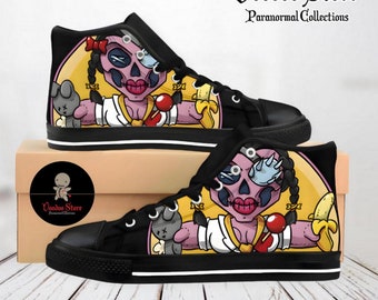 Men's, women's shoes from horror movies, high-top sneakers custom-made from cartoons, comics, fun Voodoo Doll Schoolgirl prints on shoes.