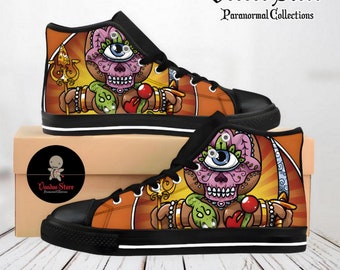 Men's, women's shoes from horror movies, high-top sneakers custom-made from cartoons, comics, fun Voodoo Doll Indian prints on shoes.