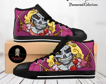 Men's, women's shoes from horror movies, high-top sneakers custom-made from cartoons, comics, fun Voodoo Doll Princess prints on shoes.