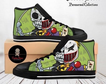 Men's, women's shoes from horror movies, high-top sneakers custom-made from cartoons, comics, fun Voodoo Doll Villain prints on shoes.