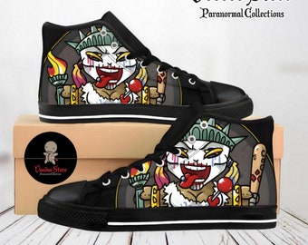 Men's, women's shoes from horror movies, high-top sneakers custom-made from cartoons, comics, fun Voodoo Doll Harley prints on shoes.