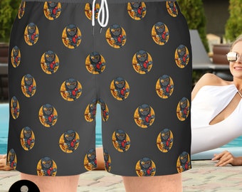 Men's mid-length swim shorts (AOP) with a glamorous print of cult Voodoo Doll Ninja characters.