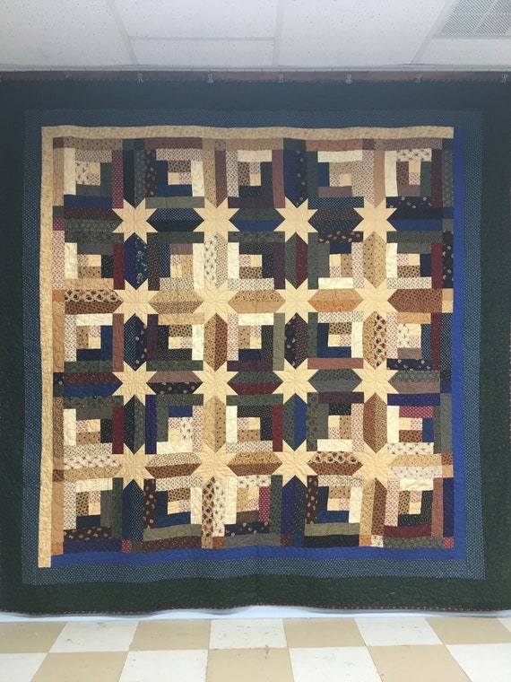 Queen Size Log Cabin Hidden Star Quilt Made With 100 Cotton Etsy