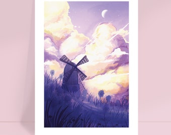 Signed Gilcee Fine Art Print - A Secret Place - Creative Illustration - -Sunset Clouds - Aesthetic Windmill Sky Artwork - Purple Decor