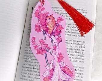 Bookmark - Eastern Screech Owl - Pink Book Mark - Decorative Tassel - Bird Aesthetic Artwork - Owl Drawing - Literature Art