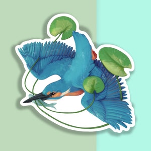 Sticker vinyle découpé à la main - le plongeur - blanc mat - sticker décoratif - oeuvre d'art esthétique oiseau - dessin martin-pêcheur - art pour ordinateur portable
