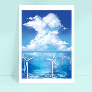 Signierter Kunstdruck | Ozean Wolken | Kunstwerk Illustration | Ästhetisches Raumdekor | Windkraftanlage Kunstwerk | Blaue Wassermalerei