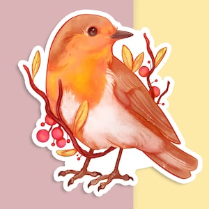 Sticker vinyle découpé à la main - Robin - blanc mat - sticker décoratif - oeuvre d'art esthétique oiseau - dessin oiseau chanteur - art pour ordinateur portable - décoration bouteille d'eau