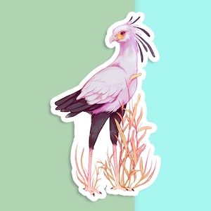 Sticker vinyle découpé à la main - oiseau secrétaire avec herbe à éléphant - blanc mat - sticker décoratif - oeuvre d'art esthétique oiseau - art pour ordinateur portable