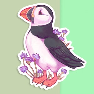 Sticker vinyle découpé à la main - Macareux moine - blanc mat - sticker décoratif - oeuvre d'art esthétique oiseau - dessin d'oiseau de mer - art pour ordinateur portable