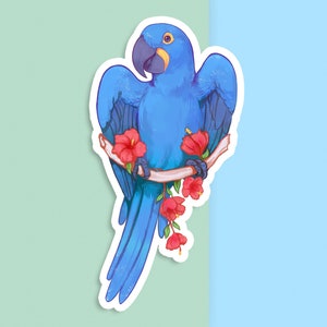 Sticker vinyle découpé à la main - ara hyacinthe avec hibiscus - blanc mat - sticker décoratif - oeuvre d'art esthétique oiseau - dessin perroquet - art pour ordinateur portable