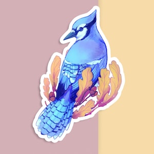 Sticker vinyle découpé à la main - geai bleu avec feuilles de chêne - blanc mat - sticker décoratif - oeuvre d'art esthétique oiseau - dessin corvidé - art pour ordinateur portable