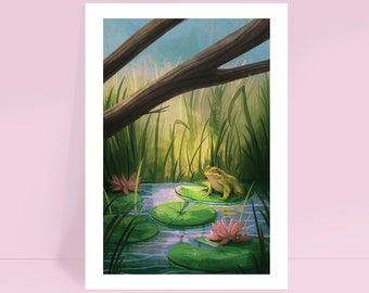 Signed Frog Pond Giclee Print: Green Landscape Art Illustration