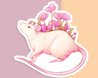 Handcut Fancy Rat Sticker: Pink Flowers, Matte White Vinyl