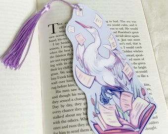 Bookmark - Great White Egret - Lavender Book Mark - Decorative Tassel - Bird Aesthetic Artwork - Waterbird Drawing - Literature Art